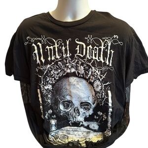 Widow Gothic Black Graphic Short Sleeve with Long Sleeve Net Finger Holes. Med